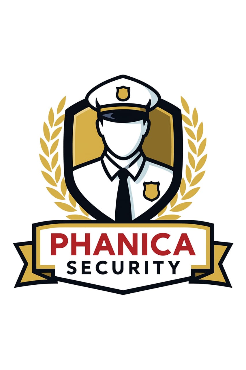 Logo mark for Phanica Security Services Ltd — a stylised shield with a central cross, outlined in gold
